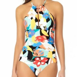 ANNE COLE High Neck Keyhole Ruched Floral One-Piece Bathing Swim Suit NWT 8
